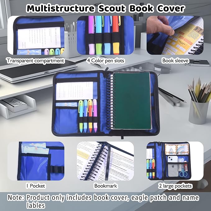 LParkin Blue Camo Scouts Book Cover for Handbook 14th Edition, Boy Camo Waterproof Protective Sleeve with Eagle Patch & 32 Name Labels, Gifts for Boy and Girl Scouts