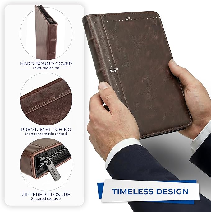 Samsill Small Vintage Portfolio/Zipper Faux Leather Portfolio, Book Style Hardback Design, Business & Interview Padfolio Organizer, Holds 5 x 8 Writing Pad, Dark Brown