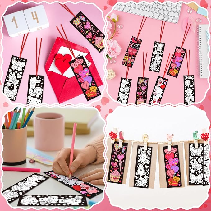 Frienda 80 Pcs Valentine's Day Color Your Own Bookmarks with Ribbon Bulk DIY Coloring Bookmarks Heart Gnome Bear Butterfly Cupid Owl Blank Paint Valentine Crafts for DIY Party