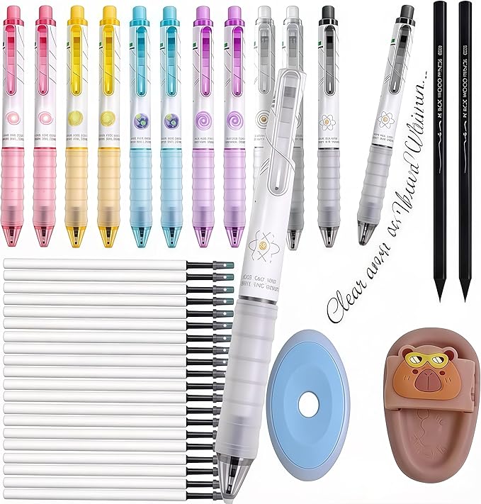 36Pcs Erasable Gel Pens Set, 14 Pens with 12 Erasable Gel cute Pens and 2 Pencils, 20 Refills, 2 Erasers, Cute Design,Make Mistakes Disappear, Premium Comfort Grip for School Supplies