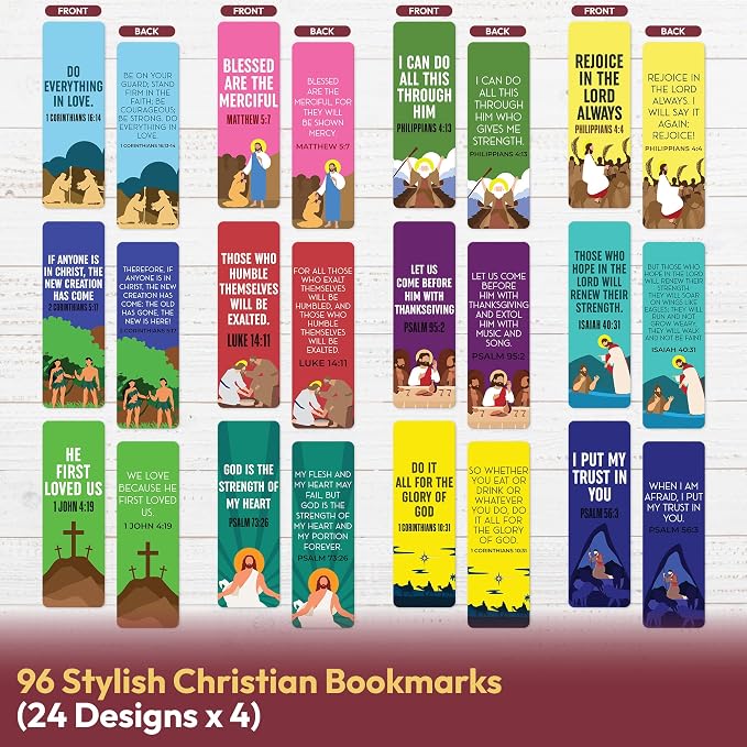 96 Bible Bookmark Pack with Bible Verses for Kids, Adults – Multiple Designs – Inspirational Christian Bookmarks for Women & Men – Bible Book Markers for Classroom, Bible Study