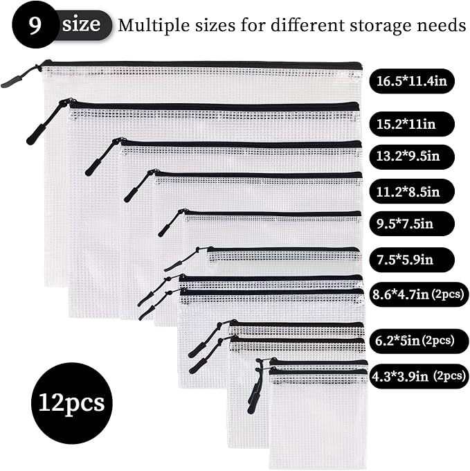 MultiBey Black Mesh Zipper Pouch 12 Pack, 9-Size Clear Zipper Pouches Storage Bags, Waterproof Travel Pouch for School Office Supplies, Puzzles & Games Organizing Storage (Multi-Size