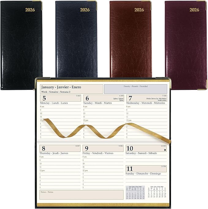 Brownline® 2026 Executive Weekly Pocket Planner, Appointment Book, 12 Months, January to December, Horizontal, Sewn Binding, 6.75" x 3.1875", Assorted Colors, Trilingual (CBE306.ASX-26)