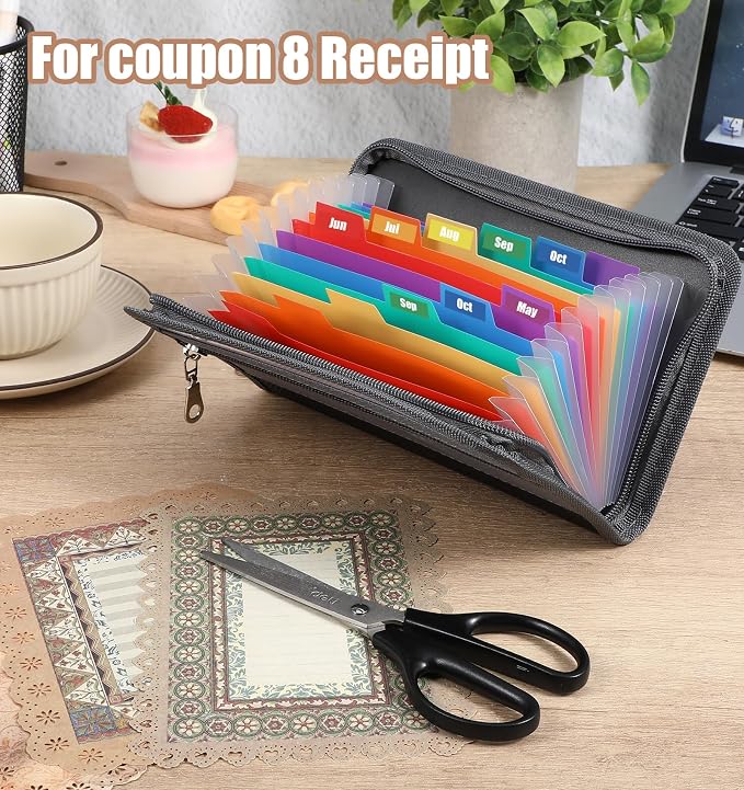Coupon Organizer Small, 8.27 * 5 Inch 12-Pockets Receipt Folder Wallet with Zipper, A6 Size Portable Accordion Expanding Folders for Bills, Cash, (Grey)