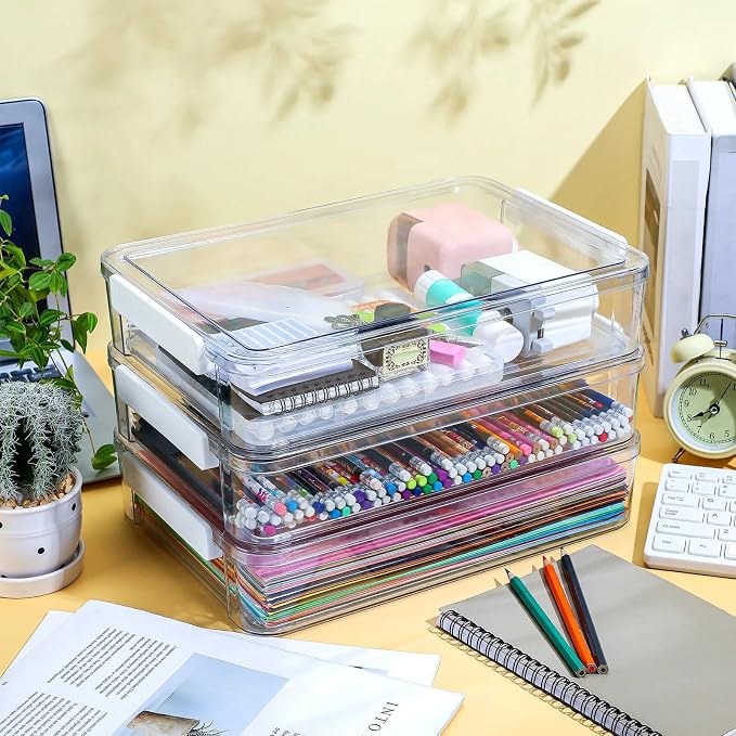 Leinuosen 3 Pcs 6 Qt Clear Plastic File Storage Boxes with Latches & Lids 9 x 13 Stackable Portable Project Case Storage Bins Certificate Organizer Container for A4 Paper School Supplies