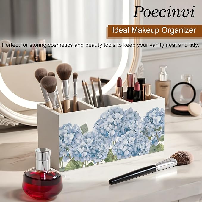 Vintage Blue Hydrangea Pen Holder for Home Office Desk, Hydrangea Decor, Rustic Cottagecore Blue Flower Botanical Wooden Box Sign Pencil Holder for Desk Shelf Organizer