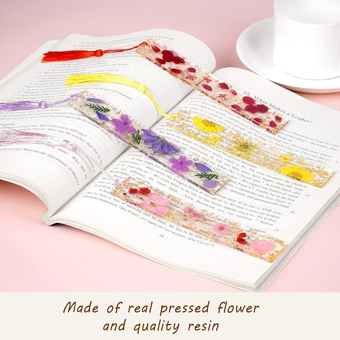 4 Pieces Dried Flower Resin Bookmark for Men Women Book Lovers, Handmade Transparent Floral Pressed Flower Book Mark Bookmarks Box Set, Ideal for Birthday Present, Teachers Appreciation