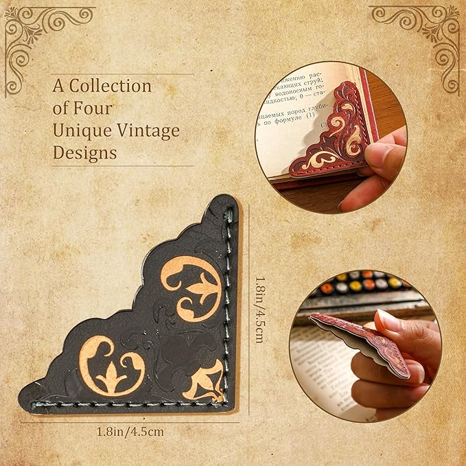 4 PCS Vintage Leather Bookmarks, Elegant Gold Stamped Corner Bookmark Retro Pattern Book Mark Book Accessories Gifts for Book Lovers Women Girls