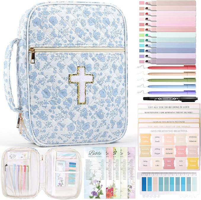 XKDOUS Bible Cover for Women Quilted Bible Bag Church Book Carrying Case with Cross, Handle, Study Supplies Organizer Portable Church Book Carrier Christian Gifts for Mom, Lady