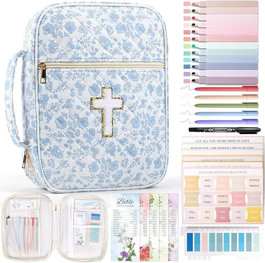XKDOUS Bible Cover for Women Quilted Bible Bag Church Book Carrying Case with Cross, Handle, Study Supplies Organizer Portable Church Book Carrier Christian Gifts for Mom, Lady