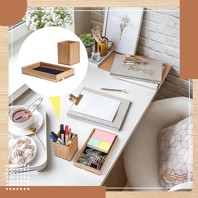 Acacia Wooden Desk Organizer Tray with Pen Holder, Non-Slip Desk Tray and Pencil Holder Set with Felt Lined, Office Desktop Accessories for Keys, Pen, Watch Home Workspace Organization