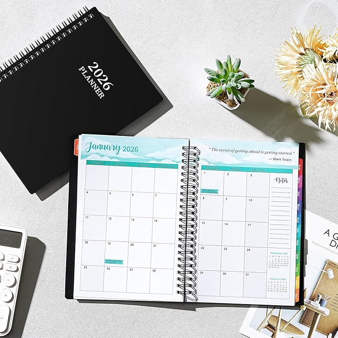 2026 Planner- Planner 2026 Weekly and Monthly, Jan.2026 - Dec.2026, 6.3"×8.4", Weekly & Monthly Planner 2026, Colorful Tabs, Twin-wire Binding, Back Pocket - Black