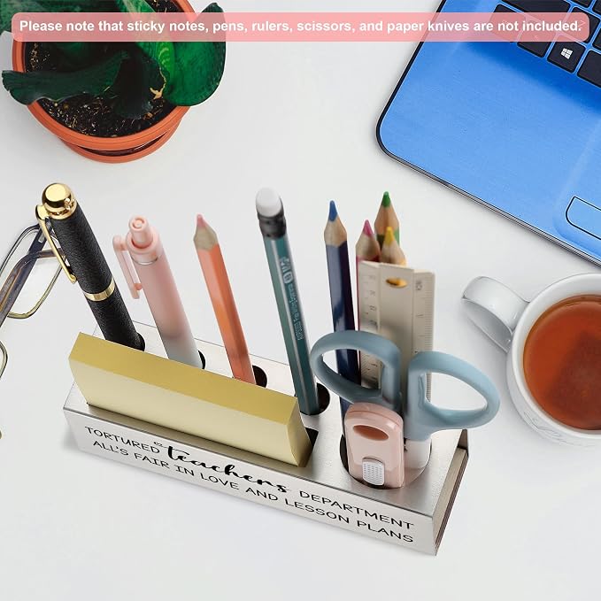 Funny Teacher Pencil Holder Desk Organizer, Tortured Teachers Department Quote, Appreciation Gift for Women Men, Stainless Steel Office Supply Caddy for Classroom Decor, Laser Engraved - FBA399