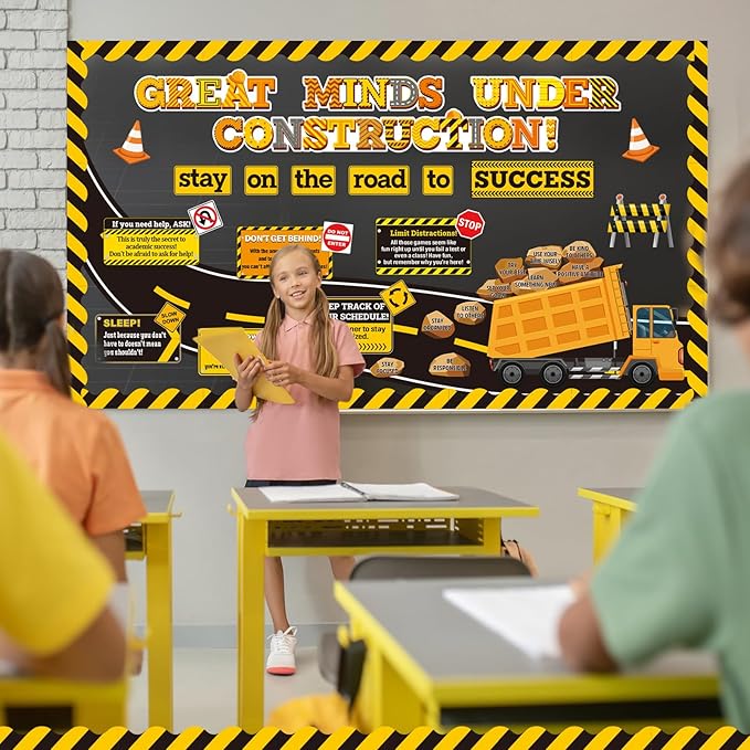Honoson 48 Pcs Under Construction Bulletin Board Decorations Road to Success Bulletin Boards Construction Inspirational Classroom Decors for Teacher Library Classroom Chalkboard Wall Decor(Dump Truck)
