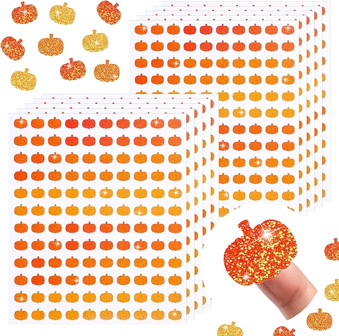 Whaline 1200Pcs Fall Mini Laser Stickers Autumn Pumpkin Self-Adhesive Stickers Thanksgiving Sparkly Label Decals for Craft Scrapbook Envelope Card Teacher Reward, 10 Sheets