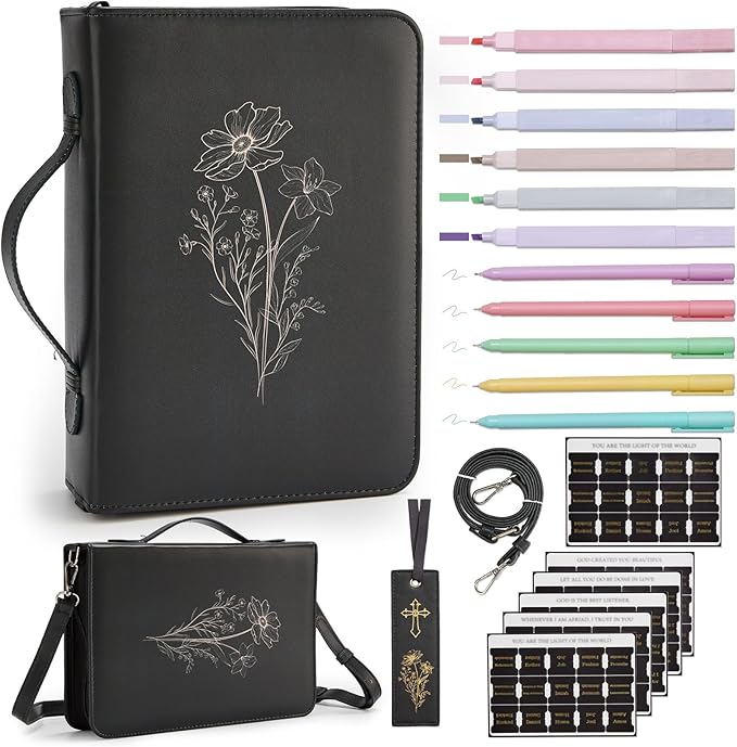 19PCS Floral Black Leather Bible Cover for Women Bible Cover Cases for Teen Girls Christmas Gift Christian Church Carrying Bag Journaling Kit with Shoulder Strap Highlighter Pens & Book Marker