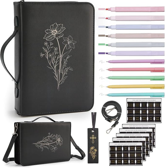 19PCS Floral Black Leather Bible Cover for Women Bible Cover Cases for Teen Girls Christmas Gift Christian Church Carrying Bag Journaling Kit with Shoulder Strap Highlighter Pens & Book Marker