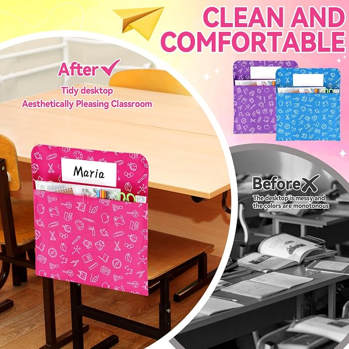 gisgfim 24 Pcs Chair Pockets for Classroom 17 x 20 Inch Colorful Stationery s with Name Tag Chairback Pouch Bag Organizer for Student Elementary School Daycare Supply