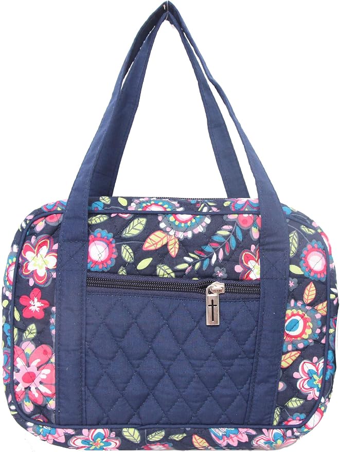 DIWI Bible Cover Extra Large Sizes 11.25 X 8.25 X 2.75 Inches Bible Tote Quilted Cotton Good Book Case (XL, C2 Navy Flowers)