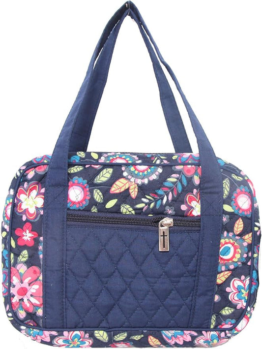 DIWI Bible Cover Extra Large Sizes 11.25 X 8.25 X 2.75 Inches Bible Tote Quilted Cotton Good Book Case (XL, C2 Navy Flowers)