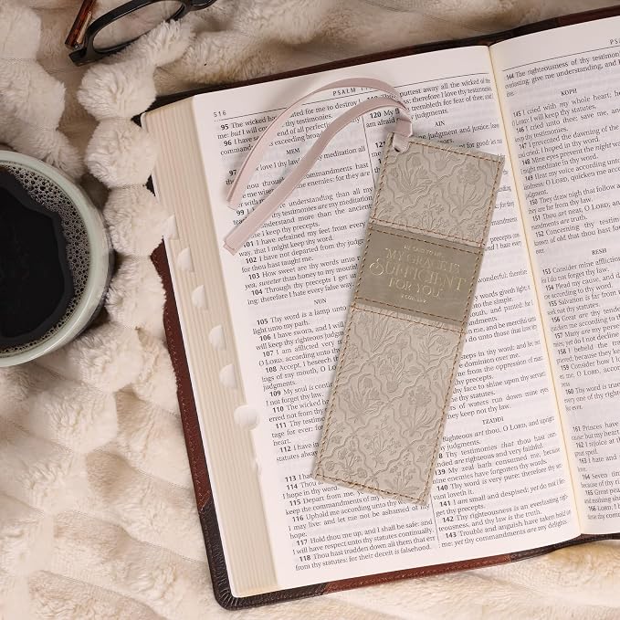Christian Art Gifts Faux Leather Inspiring Bible Verse Bookmark for Women: My Grace is Sufficient Encouraging Scripture, Debossed Creamy Taupe Floral w/Gold, Satin Ribbon Markers for Saving Pages