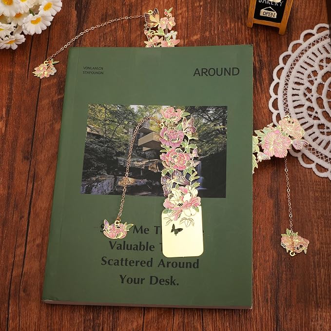 3 PCS Metal Bookmarks - Pretty & Beautiful Flower Bookmarks for Women - Peach Blossom, Cottonrose Hibiscus, Peony
