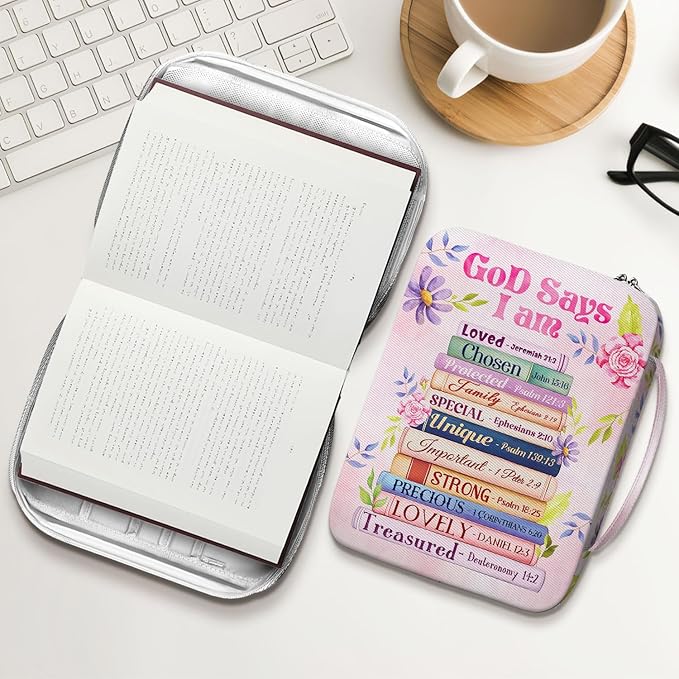 God Says I Am Bible Cover for Women, Floral Scripture Bible Case with Handle and Zipper Pocket, Christian Bible Bag for Girls and Ladies, Inspirational Gift for Church and Study Use
