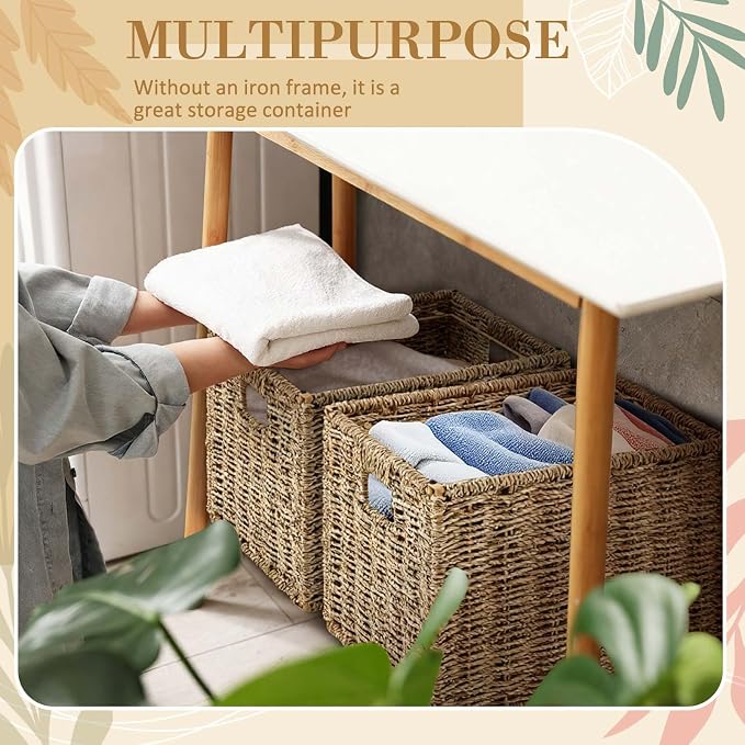Jingmore Hanging File Box, Seagrass Collapsible Woven File Organizer for Letter Size Files, Portable Decorative Storage Basket with Handles for Home Office Decor