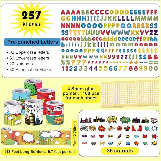 Kosiz Colorful Bulletin Board Decoration Set 118 ft Scalloped Bulletin Board Borders Classroom Poster Border Trim with 257 Pcs Letter Number Symbol Cutout for School Decor(Yeah Style)