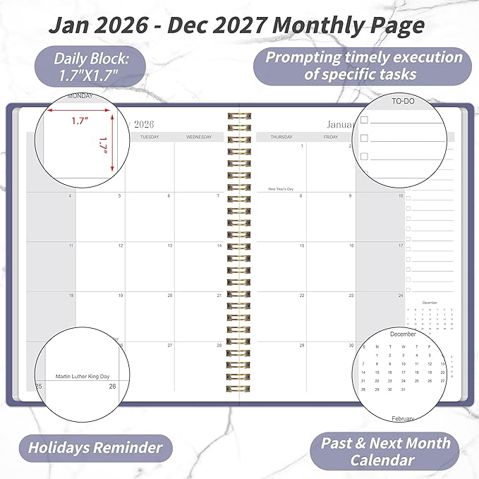 2026-2027 Monthly Planner - 2 Year Monthly Planner 2026-2027, Hard Cardboard Cover, Jan 2026 - Dec 2027, 7.5" x 10", 2 Year Calendar with 24 Month, Twin-wire Binding, Note Pages