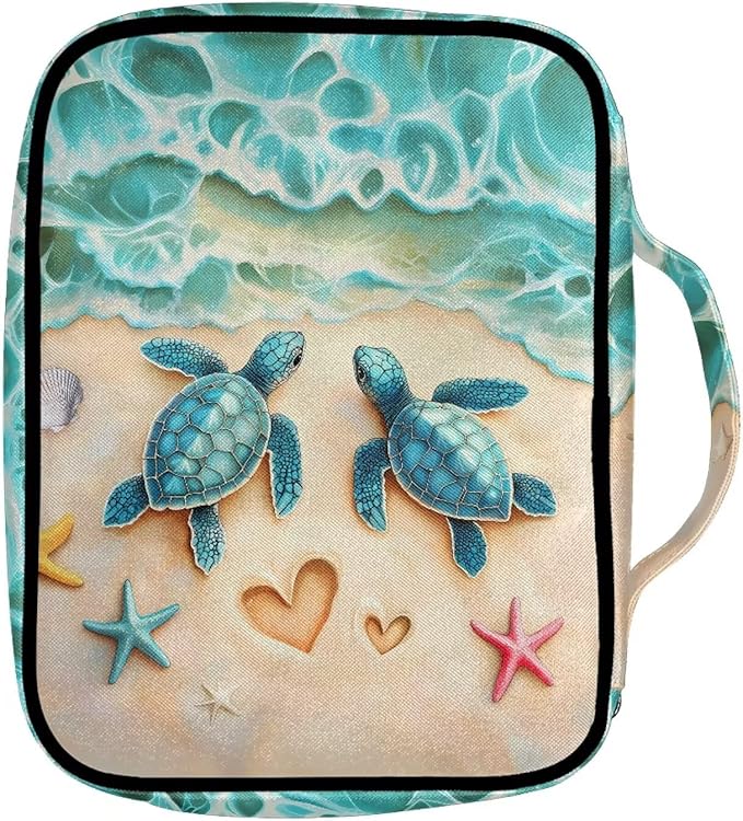 Suobstales Beach Turtle Starfish Seashell Heart Print Bible Cover Carrying Book Case for Women Men Lightweight Bible Bag Bible Protective with Handle and Zippered Pocket