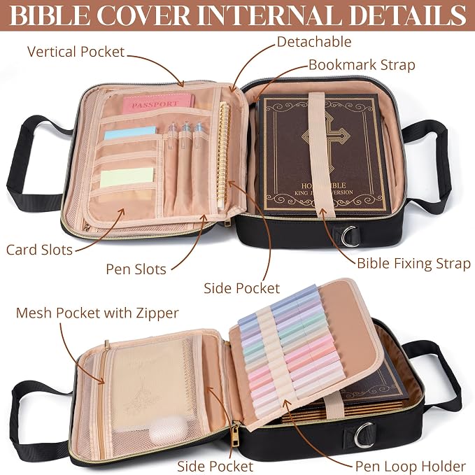 Bible Cover Case for Women, Large Bible Bag w/Shoulder Strap, Bible Study Supplies Journaling Kit Book Carrying Case with Accessories Pastel Highlighters 75 Tabs, Christian Gifts for Women Mom Friends