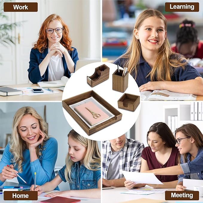 MultiBey 4PCS Walnut Wood Office Supplies Set, North America Black Walnut Lettle Tray and Tape Dispenser Organizer Wood Desk Accessories Sticky Notes Memo Pad Holder and Pencil Holder