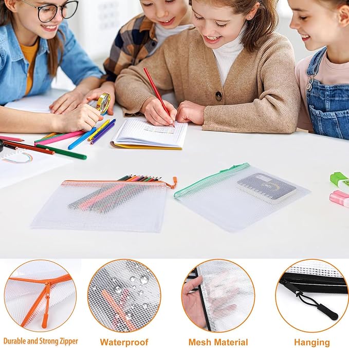 10pcs Mesh Zipper Pouch Bags,Plastic Pencil Storage Bags，Bill Size 8.7" x 4.7", 10 Colors Waterproof Small Zipper Pouches for Travel, Cosmetics, School Office Organization