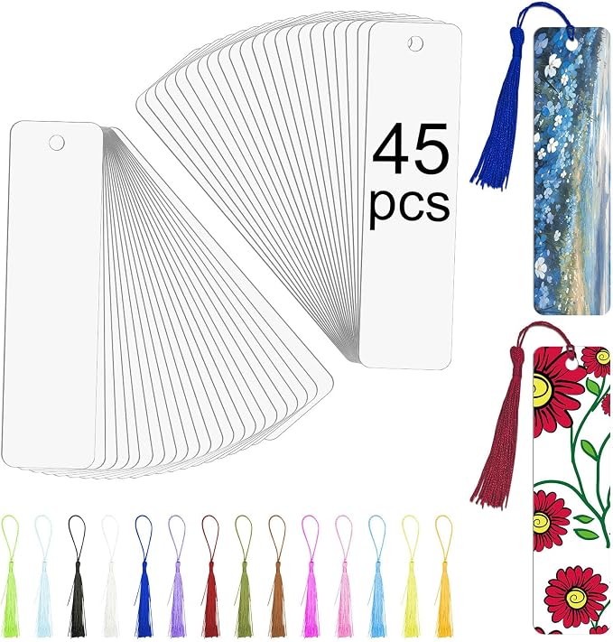 LIZOIDZSM 45 Pcs sublimation bookmarks，sublimation bookmark blank Aluminum Metal Bookmarks Bulk DIY Bookmarks with Hole and Colorful Tassels for Crafts Reading School Office Supplies, White
