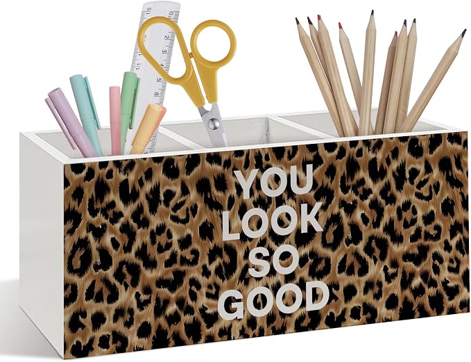 Inspirational Leopard Print Pen Pencil Holder, Cheetah Desk Accessories, Trendy Leopard Print You Look So Good Wooden Pen Pencil Organizer for Y2k Room Dorm Desk Decor