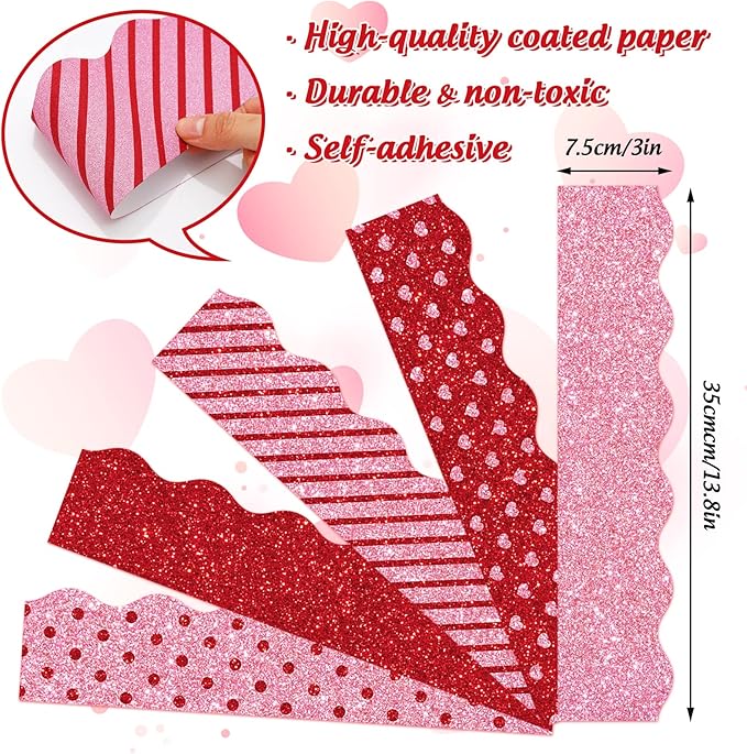 Whaline 69Ft Valentine's Day Glitter Bulletin Board Borders 5 Designs Shine Red Pink Heart Stripe Dot Decoration Trim Bulletin Board Stickers for Romantic School Classroom Office Party Decoration