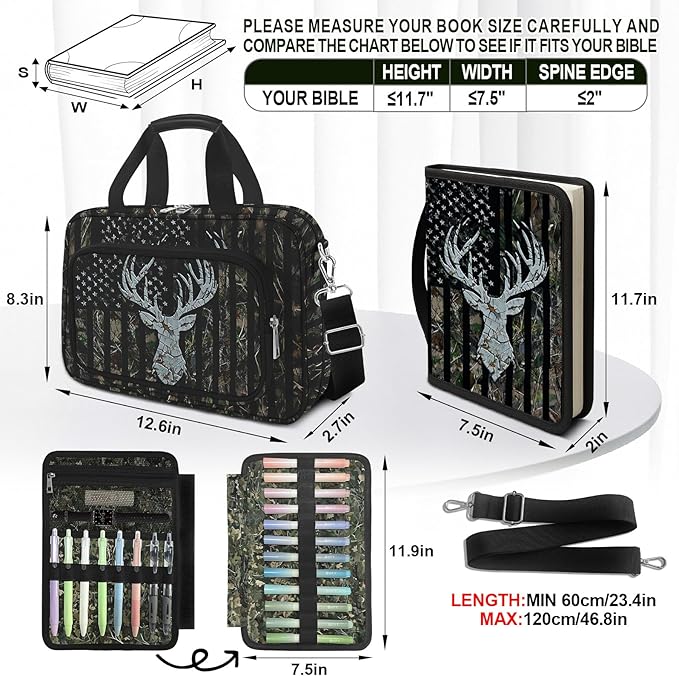 Camo Bible Case Covers, Large Bible Tote Bag Book Cover Study Supplies with Shoulder Strap Handle Zippered Pocket for Men Women (American Flag Deer)
