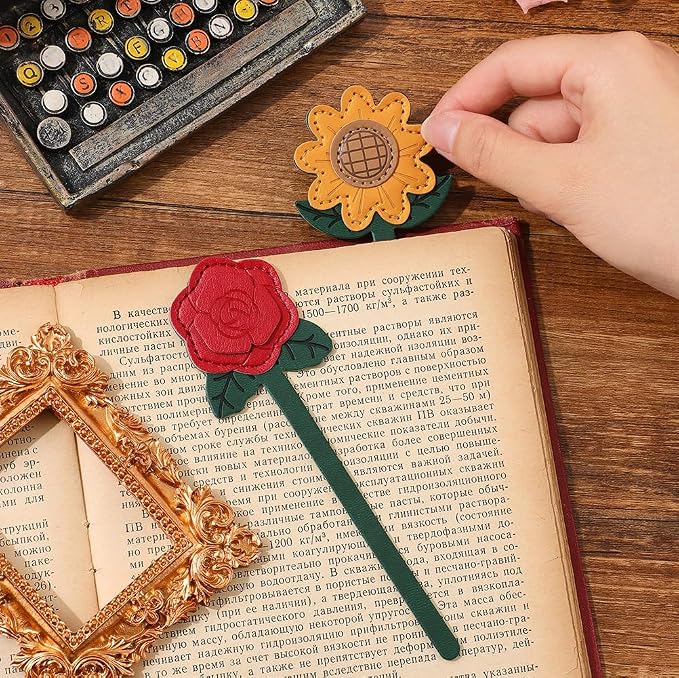 2 Pieces Bookmarks,Vintage Leather Flower Bookmarks for Women,Cute Bookmarks for Book Lovers,Teacher,Rose and Sunflower