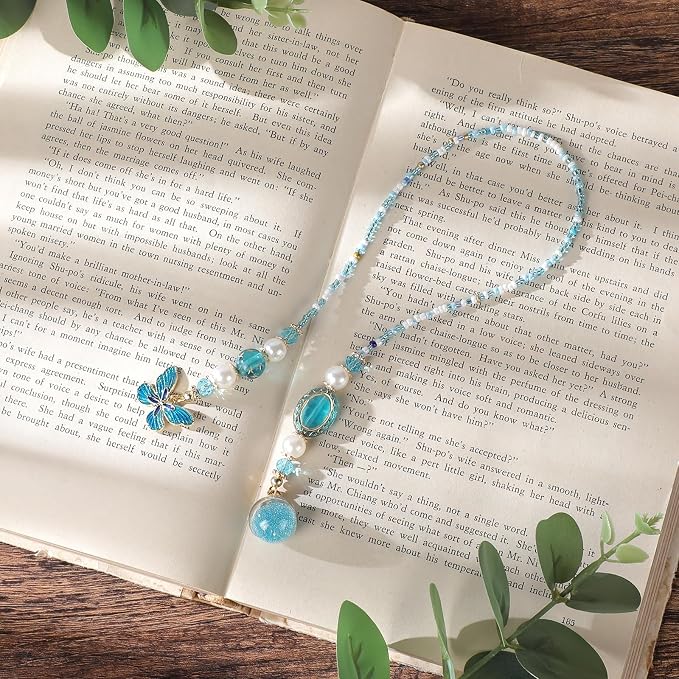 Blue Butterfly Beaded Bookmark - Fantasy Crystal Bead Gold Chain Fantasy Bookmark, Butterfly Aesthetics Pendant, Book Marks Gifts for Books Lovers Students Teacher Office School Supplies