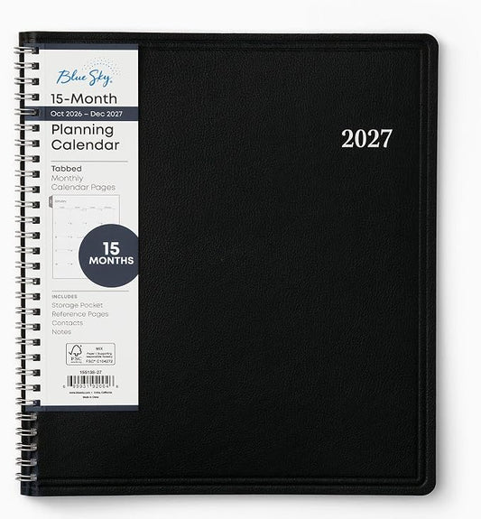 Blue Sky 2027 15-Month Monthly Planner Calendar, October 2026 - December 2027, 8” x 10”, Durable Faux Leather Cover, Laminated Tabs, Concealed Wirebound, Storage Pocket, Enterprise
