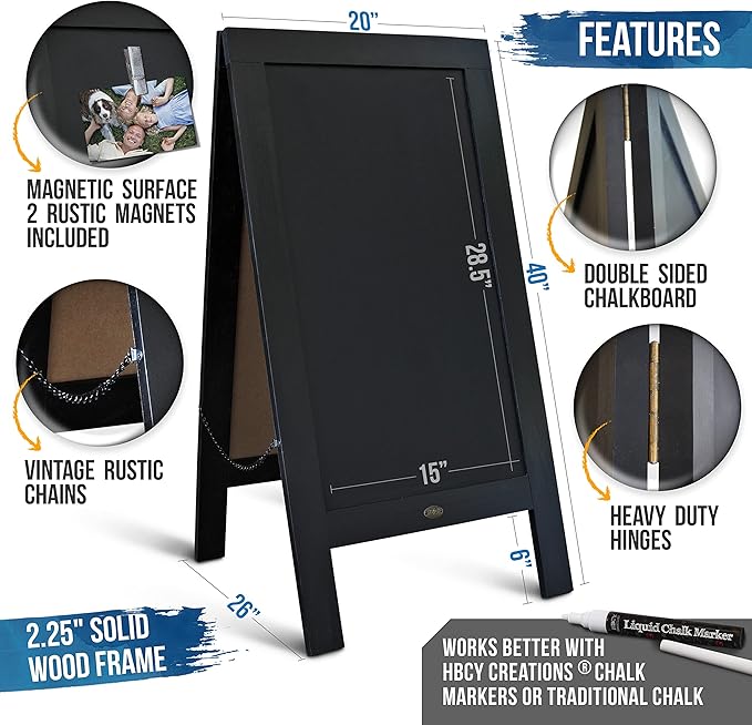 A Frame Chalkboard by HBCY Creations: 40x20 Solid Wood A-Frame Sign Black Double-Sided Magnetic Board, Chalkboard Menu Board, for Restaurants, Cafés, Weddings - Heavy Duty Hinges