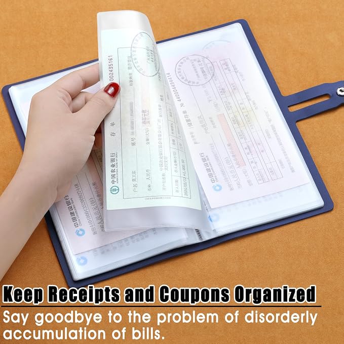 Leather Receipt Organizer, Portable Receipt Holder for Travel, Daily Coupon Organizer with 20 Pockets and 12 Card Slots to Keep Receipts and Coupons Organized, Prevent Loss and Damage (Blue)