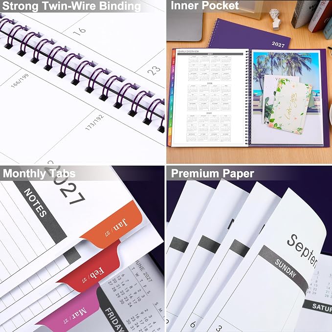 2027 Monthly Planner - 2027 Planner, JAN. 2027 - DEC. 2027, 9'' x 11'', Monthly Planner 2027 with Colorful Tabs, Monthly Calendar Planners with Pocket, Perfect for Shool Office Use - Purple