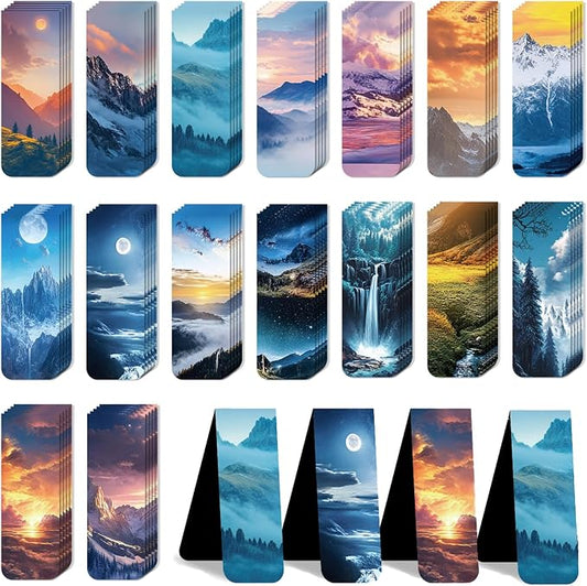 96 Pieces Magnetic Bookmarks Magnet Page Markers - Book Marks for Reading Women & Men with Storage Boxes - Cute Magnet Bookmark Clips for Reading Pleasure（Scenery）