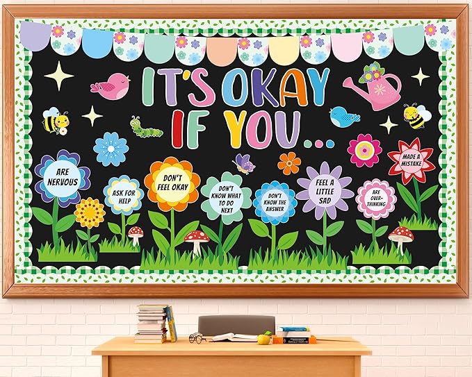 Spring Mental Health Bulletin Board Set Bloom Flower Classroom Decoration Inspirational Positive Affirmations Station Bulletin Board Cutouts for Motivational Office School Home Chalkboard Wall Decor