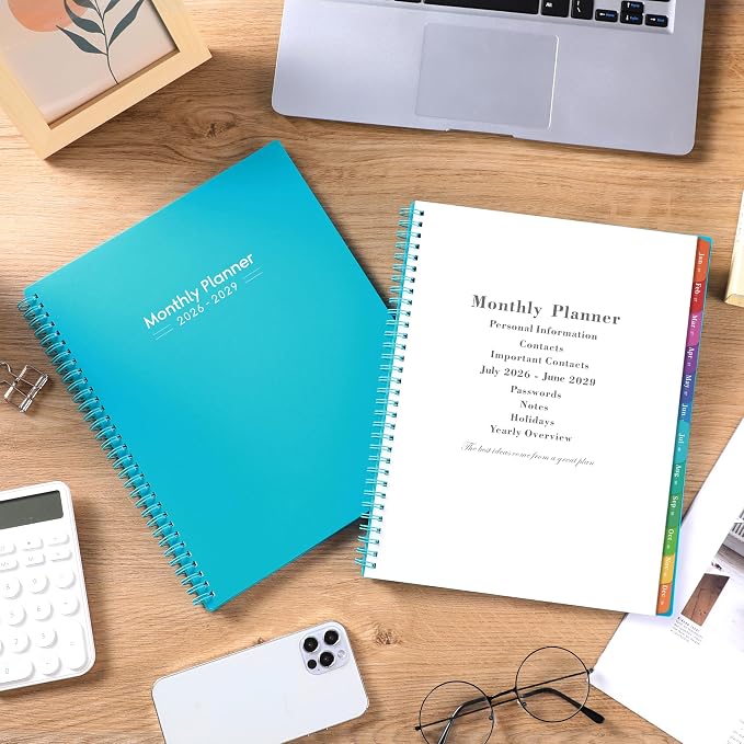 Artfan Monthly Planner/Calendar 2026-2029 - Jul.2026 - Jun.2029, 9" x 11", 3 Year Monthly Planner 2026-2029 with 36-Month Calendar + Colorful Tabs + Pocket - Teal
