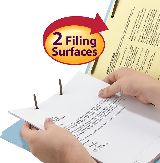 Smead 100% Recycled Pressboard Fastener File Folder, 2 Fasteners, 1/3-Cut Tab, 1" Expansion, Letter Size, Blue, 25 per Box (15000)