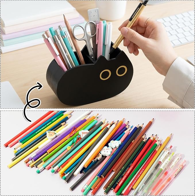 MALLMALL6 Black Cat Pencil Holder - Back to School Wooden Pen Holder, 2 Compartments Kitten Shaped Caddy Case Gifts for Kid Students Pet Lover, Desktop Storage Organizer for Classroom Office Decor