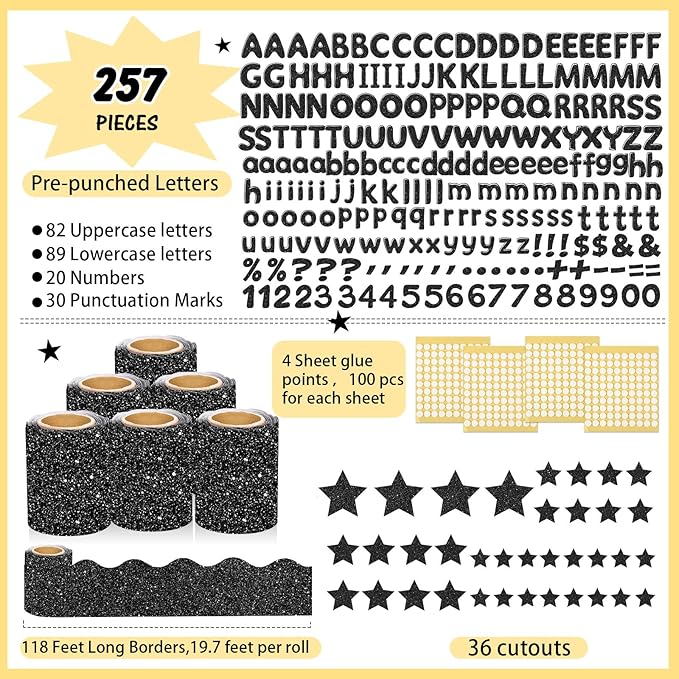 Kosiz Black Glitter Bulletin Board Decoration Set 118 ft Scalloped Winter Bulletin Board Borders Classroom Poster Border Trim with 257 Pcs Letter Number Symbol Cutout for School Christmas Decor
